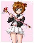  blush brown_hair cardcaptor_sakura closed_mouth commentary green_eyes holding isu kinomoto_sakura looking_at_viewer lowres multiple_girls school_uniform short_hair skirt smile wand when_you_see_it 