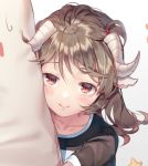  1girl arknights bangs black_shirt blush brown_hair close-up collarbone commentary_request eyjafjalla_(arknights) head_tilt highres holding holding_pillow horns ji_dao_ji long_hair looking_at_viewer pillow pillow_hug red_eyes shirt smile solo star 