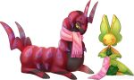  ^_^ antennae blush closed_eyes commentary conmimi creature english_commentary full_body gen_5_pokemon happy holding_scarf horns leavanny looking_at_another no_humans pink_scarf pokemon pokemon_(creature) scarf scolipede simple_background size_difference smile white_background yellow_eyes 