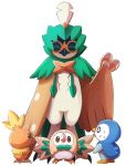  ^_^ bird bird_focus closed_eyes commentary conmimi creature decidueye english_commentary father_and_child full_body gen_3_pokemon gen_4_pokemon gen_7_pokemon looking_at_another no_humans piplup pokemon pokemon_(creature) rowlet simple_background size_difference standing sweat torchic waving white_background 