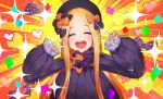  1girl :d ^_^ abigail_williams_(fate/grand_order) absurdres bangs black_bow black_dress black_headwear blonde_hair bow closed_eyes commentary_request double_v dress emotional_engine_-_full_drive facing_viewer fate/grand_order fate_(series) hair_bow hat heart highres long_hair long_sleeves open_mouth orange_bow parted_bangs polka_dot polka_dot_bow round_teeth sleeves_past_wrists smile solo sparkle teeth upper_body upper_teeth v very_long_hair wang_man 