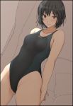  1girl amagami arms_behind_back ass_visible_through_thighs black_hair blush breasts brown_background brown_eyes competition_swimsuit dutch_angle eyebrows_visible_through_hair legs_apart looking_at_viewer medium_breasts mobu monochrome_background nanasaki_ai one-piece_swimsuit short_hair smile solo swimsuit 