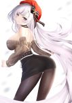  1girl aran_sweater ass azur_lane bangs bare_shoulders belfast_(azur_lane) belfast_(shopping_with_the_head_maid)_(azur_lane) beret black_skirt blush bow breasts brown_sweater choker hat hat_bow highres large_breasts long_hair long_sleeves looking_at_viewer off-shoulder_sweater off_shoulder pantyhose red_headwear silver_hair skirt smile solo sweater violet_eyes yk_(pixiv43531291) 