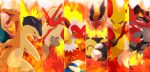  blaziken blue_eyes brown_eyes charizard creature delphox dragon emboar fangs fire flame gen_1_pokemon gen_2_pokemon gen_3_pokemon gen_4_pokemon gen_5_pokemon gen_6_pokemon gen_7_pokemon holding holding_stick incineroar infernape looking_at_viewer maiko_(mimi) monkey no_humans pig pokemon pokemon_(creature) red_eyes simple_background stick typhlosion white_background wings yellow_sclera 