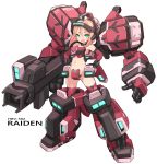  1girl :d bangs bare_shoulders black_gloves blush commentary_request detached_sleeves fingerless_gloves full_body gloves green_eyes groin hair_between_eyes hands_on_hips highres karukan_(monjya) light_brown_hair long_hair long_sleeves looking_at_viewer mecha_musume navel open_mouth parted_bangs personification raiden_(virtual_on) red_legwear red_sleeves revealing_clothes sidelocks simple_background smile solo standing thigh-highs v-shaped_eyebrows virtual_on white_background 