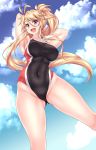  1girl armpits bare_thighs blonde_hair blue_sky breasts clouds commentary competition_swimsuit covered_navel feet_out_of_frame hiballista highleg highleg_swimsuit highres large_breasts long_hair one-piece_swimsuit open_mouth original red_eyes sideboob sky swimsuit twintails 