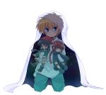  1boy blonde_hair blue_eyes blue_pants cape character_doll doll flower hair_between_eyes hair_flower hair_ornament highres holding holding_doll hood hooded_cape kneeling kukuri mahoujin_guruguru male_focus mikuzu_4869 nike_(mahoujin_guruguru) pants raid_(mahoujin_guruguru) shirt simple_background solo white_background white_shirt 