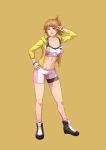  1girl absurdres bike_shorts blue_eyes breasts cirenk closed_mouth commentary gundam gundam_build_fighters gundam_build_fighters_try highres hoshino_fumina looking_at_viewer midriff navel ponytail short_hair simple_background solo sports_bra traditional_media watercolor_(medium) 