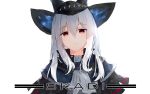  1girl arknights black_headwear black_sleeves blush breasts character_name eyebrows_visible_through_hair grey_hair hair_between_eyes hat large_breasts leria_v light_frown long_hair looking_at_viewer red_eyes simple_background skadi_(arknights) solo white_background white_hair 