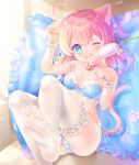  +_+ 1girl ahoge animal_ears arm_up bare_shoulders bell bell_choker blue_bow blue_bra blue_eyes blue_panties bow bow_bra bra breasts cat_ears cat_girl cat_tail cattail choker collarbone commentary_request feet frilled_legwear frilled_pillow frills hair_bow hand_on_ear highres jingle_bell komachi_pochi long_hair no_shoes one_eye_closed open_mouth original panties pillow pink_bow pink_choker plant side-tie_panties small_breasts soles solo tail tears thigh-highs underwear wavy_mouth white_legwear wrist_cuffs yellow_bow 
