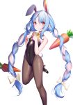  1girl absurdres amaroku_neko animal_ears bangs bare_shoulders blue_hair blush bow braid breasts bunny_girl bunnysuit carrot carrot_hair_ornament collarbone commentary_request eyebrows_visible_through_hair food_themed_hair_ornament hair_ornament highres hololive long_hair looking_at_viewer multicolored_hair rabbit_ears red_eyes ribbon simple_background smile solo twin_braids two-tone_hair usada_pekora virtual_youtuber white_background white_hair yellow_ribbon 