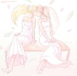  2girls bangs bare_arms bare_shoulders blonde_hair breasts cherry_blossoms closed_eyes crossed_legs dress face-to-face hair_up hairband hands_on_lap haruno_sakura heart high_heels high_ponytail kiss leaf long_hair looking_at_another mirco_bartolovic multiple_girls naruto naruto_(series) pink_hair ponytail shoes short_hair sitting sitting_on_table table tongue tongue_out veil wedding_dress wife_and_wife wind yamanaka_ino yuri 