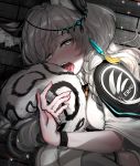  1girl absurdres animal_ears arknights bangs blush circlet earrings grey_eyes highres jewelry licking long_hair looking_at_viewer lying on_side open_mouth pramanix_(arknights) saliva silver_hair solo tail teeth thigh-highs tongue tongue_out vividyume 