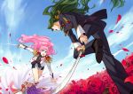  1boy 2girls black_footwear black_jacket black_pants blue_eyes blue_sky closed_eyes clouds dark_skin duel field fighting floating_hair flower flower_field green_hair highres himemiya_anthy holding holding_sword holding_weapon jacket katana long_hair military military_jacket military_uniform multiple_girls open_mouth outstretched_arm pants petals pink_hair purple_hair red_flower red_rose rose saionji_kyouichi shiny shiny_hair short_shorts shorts shoujo_kakumei_utena sky sword tenjou_utena thigh_gap ttk_(ehohmaki) uniform very_long_hair weapon 