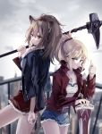  2girls animal_ears arknights bandeau bangs belt black_jacket blonde_hair breasts brown_eyes brown_hair cigarette clarent clouds cloudy_sky commentary_request cowboy_shot crossover cutoffs denim denim_shorts eyebrows_visible_through_hair fate/apocrypha fate_(series) fur-trimmed_jacket fur_trim green_eyes grin hair_between_eyes hair_ornament hair_scrunchie hand_up highres holding holding_hammer holding_weapon jacket jewelry lighter lion_ears long_hair long_sleeves looking_at_viewer midriff mordred_(fate) mordred_(fate)_(all) mouth_hold multiple_girls open_clothes open_jacket outdoors pendant planted_sword planted_weapon ponytail red_jacket red_scrunchie red_shorts scrunchie short_shorts shorts sidelocks siege_(arknights) sky small_breasts smile standing strapless sword thighs trait_connection tubetop weapon yorktown_cv-5 