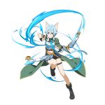  1girl animal_ears arm_strap arrow asymmetrical_sleeves black_ribbon black_shorts blue_hair boots bow_(weapon) breastplate cape cat_ears cat_tail full_body green_cape green_sleeves hair_ribbon highres holding holding_arrow holding_bow_(weapon) holding_weapon index_finger_raised leg_up looking_at_viewer midriff navel official_art ribbon shiny shiny_hair short_hair_with_long_locks short_shorts shorts sidelocks sinon_(sao-alo) solo stomach sword_art_online tail thigh_strap transparent_background waist_cape weapon 