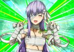  1girl aruhularudo bandage_over_one_eye bandaged_arm bandaged_head bandages bangs blush breasts closed_eyes double_v emotional_engine_-_full_drive fate/extra fate/extra_ccc fate/grand_order fate_(series) green_background hands_up highres kingprotea lavender_hair long_hair moss naked_bandage open_mouth parody small_breasts smile solo sparkle v very_long_hair 