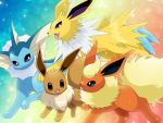  :d blue_eyes brown_eyes commentary_request creature eevee english_commentary eye_contact flareon gen_1_pokemon happy jolteon looking_at_another maiko_(mimi) no_humans open_mouth pokemon pokemon_(creature) rainbow_background smile spikes vaporeon violet_eyes walking 