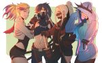  4girls artist_name belt black_hair blonde_hair blue_hair braid breasts clenched_teeth commentary denim denim_shorts earrings face_mask gloves grin hand_in_pocket highres hood hooded_jacket jacket jewelry koyorin long_hair looking_at_viewer mask monster_hunter monster_hunter:_world multicolored_hair multiple_girls nail_polish nargacuga_(armor) navel odogaron_(armor) pocket ponytail ribbed_sweater sheath shorts smile sweater tagme teeth thighs twin_braids xeno&#039;jiiva_(armor) yellow_eyes 