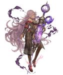  1girl blue_eyes breasts choker cinderella_(sinoalice) dark_skin full_body grin hair_over_one_eye high_heels ji_no large_breasts lavender_hair long_hair looking_at_viewer official_art sandals see-through sinoalice smile smoke solo syringe thigh-highs transparent_background very_long_hair 