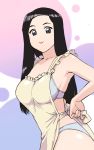  1girl apron black_hair bra breasts character_request closed_mouth commentary_request large_breasts long_hair looking_at_viewer minna_no_uta_(nhk) nearly_naked_apron no_nose oldschool panties solo ueyama_michirou underwear 