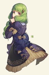  1girl absurdres bow fire_emblem fire_emblem:_three_houses flayn_(fire_emblem) from_side garreg_mach_monastery_uniform green_eyes green_hair hair_ornament highres long_hair long_sleeves looking_back simple_background solo uniform velahka 