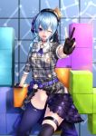  1girl beret black_gloves block blue_eyes blue_hair commentary_request gloves hair_ornament hat highres hololive hoshimachi_suisei leg_up looking_at_viewer medium_hair one_eye_closed open_mouth side_ponytail sitting solo suisei_channel tetris thigh-highs v virtual_youtuber 