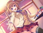  1girl :d asa_no_ha black_legwear blush brown_hair hair_rings indoors kurioka_miura medium_hair official_art open_mouth original outstretched_hand plaid plaid_skirt red_skirt school_uniform skirt smile solo standing violet_eyes 