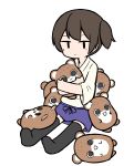  1girl :&lt; bangs black_legwear blue_hakama bokukawauso brown_hair cheno_(amakuchi_mustard) closed_mouth full_body hakama hakama_skirt highres holding holding_stuffed_animal japanese_clothes kaga_(kantai_collection) kantai_collection otter ponytail side_ponytail simple_background sitting solo stuffed_animal stuffed_otter stuffed_toy thigh-highs white_background 