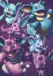  black_eyes claws creature gen_1_pokemon horn horns jumping looking_at_another mijinko_(barabadge) nidoking nidoqueen nidoran nidoran_(female) nidoran_(male) nidorina nidorino no_humans pokemon pokemon_(creature) purple_background red_eyes simple_background walking 