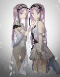 2girls bracelet chibirisu euryale_(fate) euryale_(third_ascension)_(fate) fate/hollow_ataraxia fate_(series) hand_on_another&#039;s_chin jewelry multiple_girls purple_hair siblings standing stheno_(fate) stheno_(third_ascension)_(fate) twins twintails violet_eyes wading