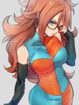  1girl android_21 bell black-framed_eyewear blue_eyes breasts checkered checkered_dress dragon_ball dragon_ball_fighterz dress earrings glasses grey_background hair_bell hair_ornament hoop_earrings jewelry kemachiku large_breasts long_hair looking_at_viewer redhead simple_background solo 