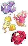  ^_^ bird bird_focus closed_eyes commentary creature dancing english_commentary facing_viewer full_body gen_7_pokemon happy highres no_humans oricorio oricorio_(baile) oricorio_(pa&#039;u) oricorio_(pom-pom) oricorio_(sensu) pokemon pokemon_(creature) signature simple_background tintreas white_background 