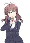  1girl akizuki_ritsuko antenna_hair arm_behind_back bangs blazer blunt_bangs braid brown_eyes brown_hair finger_to_mouth glasses hadaka_megane highres idolmaster idolmaster_(classic) jacket school_uniform smile solo twin_braids white_background 