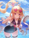  1girl bangs black_sailor_collar black_swimsuit blonde_hair blue_flower blue_sky blurry blurry_background cagliostro_(granblue_fantasy) clouds collarbone cowboy_shot eyebrows_visible_through_hair fang flat_chest floating_hair flower granblue_fantasy grin hair_flower hair_ornament heart heart-shaped_eyewear leaning_forward long_hair looking_at_viewer ocean one-piece_swimsuit ponytail pulled_by_self red-framed_eyewear sailor_collar shiny shiny_hair shiny_skin sky smile solo standing sunglasses swimsuit swimsuit_pull tanaka_ken&#039;ichi thigh_strap v-shaped_eyebrows very_long_hair violet_eyes w 