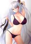  1girl :p antenna_hair arm_behind_head azur_lane bangs bare_shoulders blush bra breasts collarbone commentary_request contrapposto eyebrows_visible_through_hair hair_between_eyes head_tilt highres holding holding_ribbon iron_cross large_breasts lingerie long_hair looking_at_viewer mole mole_on_breast multicolored_hair navel one_side_up panties prinz_eugen_(azur_lane) purple_bra purple_panties redhead ribbon silver_hair smile solo stomach streaked_hair thighs toned tongue tongue_out underwear underwear_only very_long_hair yk_(pixiv43531291) 