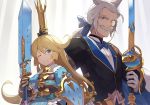  1boy 1girl animal_ears blonde_hair blue_bow blue_eyes bow bowtie breastplate charlotta_fenia erune facial_hair granblue_fantasy harvin hinami_(hinatamizu) holding holding_sword holding_weapon long_hair monocle mustache one_eye_closed pointy_ears ponytail sevastian_(granblue_fantasy) smile sword tall_crown upper_body weapon white_eyes white_hair 