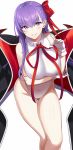  1girl bangs bare_shoulders bat_wings bb_(fate)_(all) bb_(swimsuit_mooncancer)_(fate) black_coat blush breasts covered_navel fate/grand_order fate_(series) gloves hair_ribbon highleg highleg_leotard highres large_breasts leotard long_hair looking_at_viewer neck_ribbon parted_lips purple_hair red_ribbon ribbon simple_background smile solo sukebewe vampire_costume very_long_hair violet_eyes white_background white_gloves white_leotard wing_collar wings 