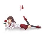  1girl abiko_yuuji ambiguous_red_liquid brown_hair closed_mouth dress flower ib ib_(ib) long_hair red_eyes red_flower red_rose rose simple_background skirt solo white_background 