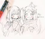  2girls :d abigail_williams_(fate/grand_order) abigail_williams_(fate/grand_order)_(cosplay) afterimage animal_ear_fluff animal_ears bangs blush bow cat_ears cat_girl cat_tail cosplay cropped_torso crossed_bandaids fang fate/grand_order fate_(series) hair_bow hair_bun hands_up heroic_spirit_festival_outfit kemonomimi_mode lavinia_whateley_(fate/grand_order) long_sleeves looking_at_viewer multiple_girls multiple_hair_bows open_mouth parted_bangs parted_lips paw_pose photo signature sleeves_past_wrists smile sofra tail tail_wagging traditional_media twitter_username upper_body 