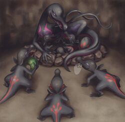  caterpie commentary_request creature egg eye_contact gen_1_pokemon gen_7_pokemon holding holding_pokemon looking_at_another mijinko_(barabadge) no_humans pokemon pokemon_(creature) rock salandit salazzle shadow standing violet_eyes 