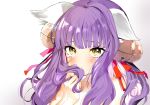  1girl :&lt; animal_ears artist_name bell blush cat_ears character_request closed_mouth collarbone copyright_request crying crying_with_eyes_open eyebrows_visible_through_hair facial_mark hair_bell hair_ornament highres hoerutarou long_hair looking_at_viewer playing_with_own_hair purple_hair solo tears upper_body yellow_eyes 