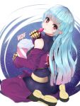  1girl belt blue_hair bodysuit breasts candy chaps closed_mouth commentary_request copyright_name cropped_jacket food gloves kula_diamond long_hair looking_at_viewer medium_breasts red_eyes solo the_king_of_fighters the_king_of_fighters_2000 very_long_hair 