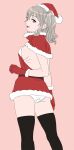  1girl alternate_costume ass bangs black_legwear breasts capelet dress fur_trim gloves grey_hair hat kantai_collection kashima_(kancolle) long_hair looking_at_viewer medium_breasts ojipon open_mouth panties pink_background red_capelet red_dress red_gloves santa_costume santa_hat sideboob simple_background solo thigh-highs twintails underwear wavy_hair white_panties 