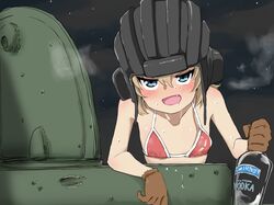  1girl alcohol bangs bikini black_headwear black_sky blonde_hair blue_eyes blush bottle breath brown_gloves commentary fang flat_chest girls_und_panzer gloves highres holding holding_bottle katyusha_(girls_und_panzer) looking_at_viewer mbt64kmb night night_sky open_mouth outdoors red_bikini saliva short_hair sky smile smirnoff_(vodka) solo star_(sky) starry_sky string_bikini sweat swimsuit tank_cupola tank_helmet vodka 