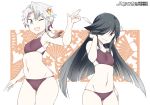  2girls akishimo_(kantai_collection) arm_up asymmetrical_hair bikini black_hair brown_bikini brown_eyes collarbone cowboy_shot gradient_hair grey_eyes hair_ornament hair_over_one_eye hayashimo_(kantai_collection) hime_cut kantai_collection leaf leaf_hair_ornament long_sleeves maple_leaf multicolored_hair multiple_girls navel one_eye_closed open_mouth silver_hair smile souji sports_bikini swimsuit 