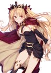  1girl asymmetrical_legwear asymmetrical_sleeves bangs between_breasts black_legwear black_leotard blonde_hair blush bow breasts cape detached_collar earrings ereshkigal_(fate/grand_order) fate/grand_order fate_(series) fur-trimmed_cape fur_trim gold_trim hair_bow highleg highleg_leotard highres hood hooded_cape hoop_earrings infinity jewelry leotard long_hair looking_at_viewer m-ya necklace parted_bangs red_bow red_cape red_eyes simple_background single_sleeve single_thighhigh skull smile solo spine thigh-highs tiara two_side_up white_background 