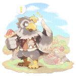  ! 1boy absurdres basket bird doubutsu_no_mori eagle feathered_wings feathers fur_trim furry grass highres igureon kusukecha_(doubutsu_no_mori) leaf maple_leaf mushroom no_humans one_eye_closed solo wings 