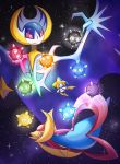  :o black_eyes closed_mouth commentary conmimi creature cresselia english_commentary eye_contact floating full_body gen_3_pokemon gen_4_pokemon gen_7_pokemon jirachi looking_at_another lunala minior no_humans pink_eyes pokemon pokemon_(creature) space star_(sky) trait_connection 