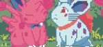  1boy 1girl animated animated_gif bow bowtie claws closed_eyes couple creature eye_contact flower gen_1_pokemon grass happy horn jrchair98 looking_at_another neck_ribbon nidoran nidoran_(female) nidoran_(male) no_humans pixel_art pokemon pokemon_(creature) red_eyes red_ribbon ribbon 